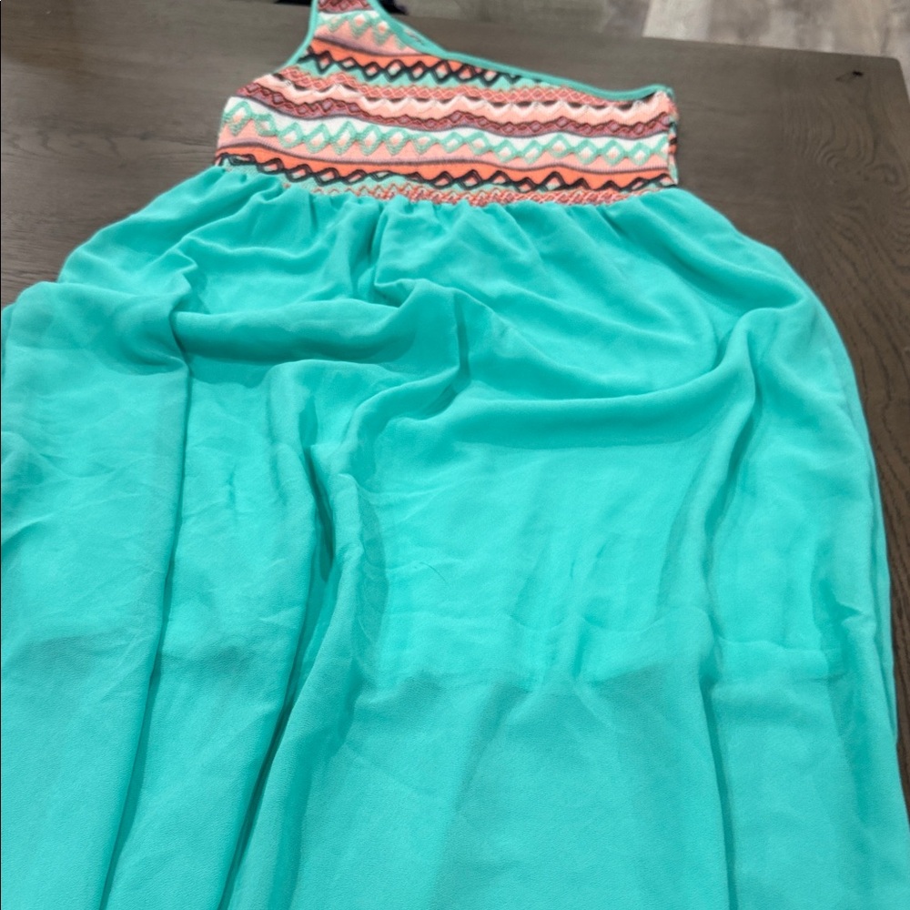 One-Shoulder Maxi Dress in Turquoise and Multicolor Pattern